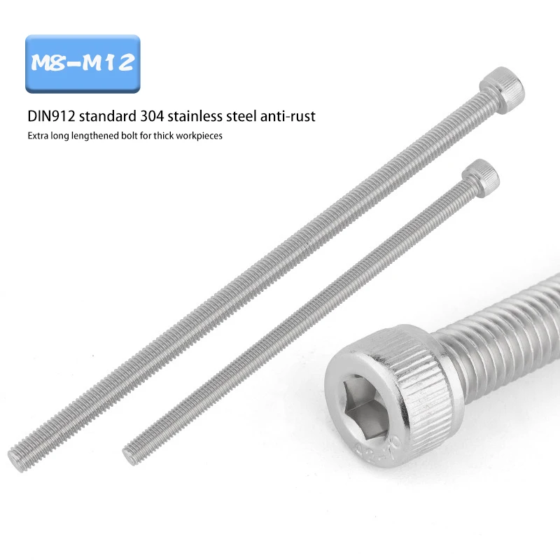 Super Extra Long DIN912 Hex Socket Cap Bolts, Anti-Rust 304 Stainless Steel Cylinder Screws M8 M10 M12 1~5Pcs Pack