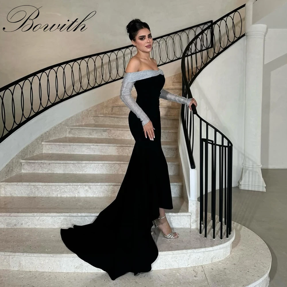 

Bowith Mermaid Black and Silver Evening Dresses Off the Shoulder Long Sleeve Prom Gown Customized Party Dress vestidos de fiesta