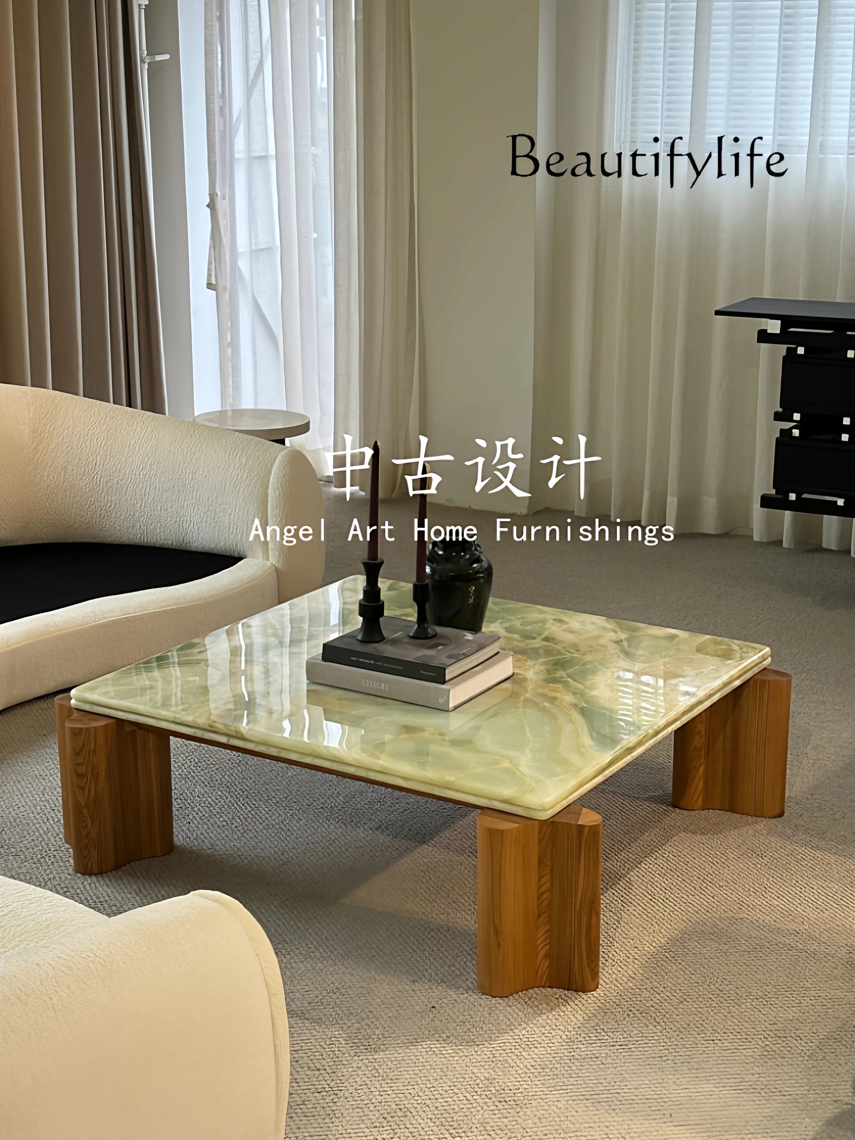 

Medieval designer home marble solid wood coffee table French retro style living room premium coffee table