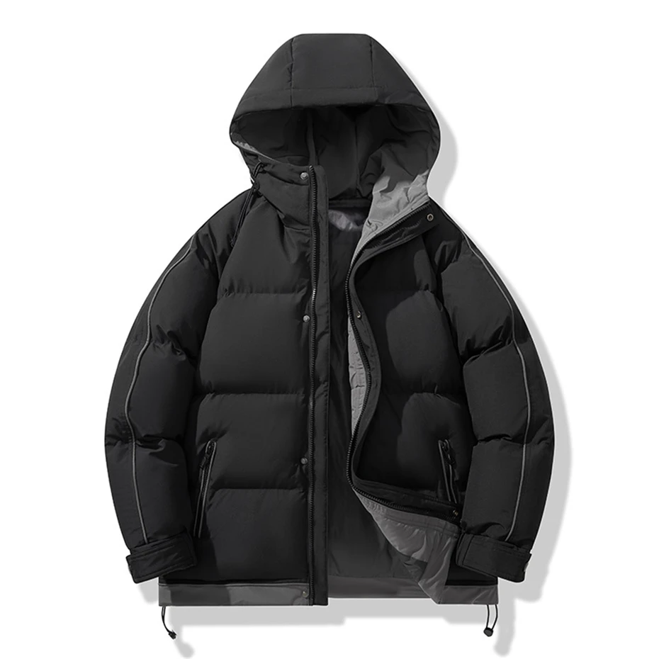 Parkas Men Winter Thick Padded Jacket Solid Color Coat Fashion Casual Padded Coat Male Hooded Parkas Black