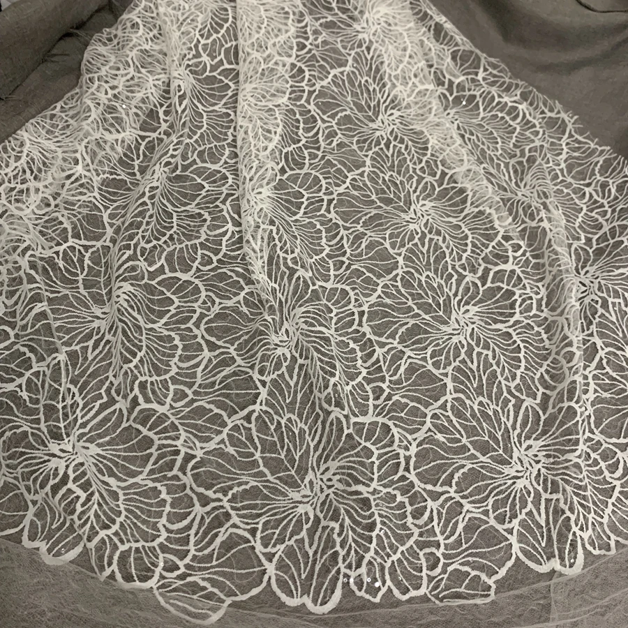 Off White Allover Rose Flowers Lace Fabric Sequined Shiny 1 Yard Milk Silk Embroidey Women Dress Lace Clothing DIY Lace Fabric