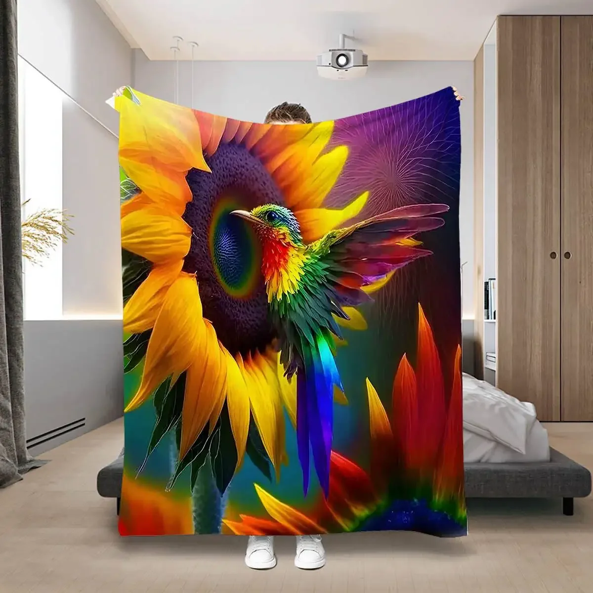

1PC Hummingbird Sunflower Print Blanket Flannel Family Blanket Throw Home Sofa Lunch Break Blankets Student Blankets Nap Gifts