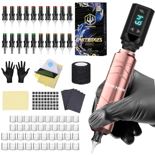 Imagen 2 del producto Kit de tatuaje POSEIDON V5, nuevo Kit de pluma de tatuaje rosa para maquillaje permanente, Kit de máquina de tatuaje, fuente de alimentación inalámbrica para tatuaje, Kit de tatuaje