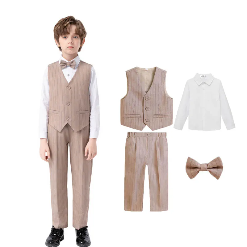 

Back To School Boys Vest Shirt Pants Bowtie Photograph Suit Teenager Kids WaistCoat Tuxedo Dress Children Wedding Party Costume