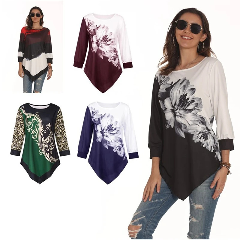 European American Woman Clothing for Spring Autumn Winter O-neck Printed T-shirt Irregular Hem Wrist Sleeve Bottoming Shirt