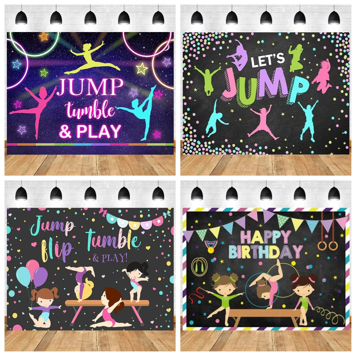 

Let's Flip Theme Backdrop Jump Tumble Play Rhythmic Gymnastic Girl Birthday Party Baby shower Decor Banner Photo Background