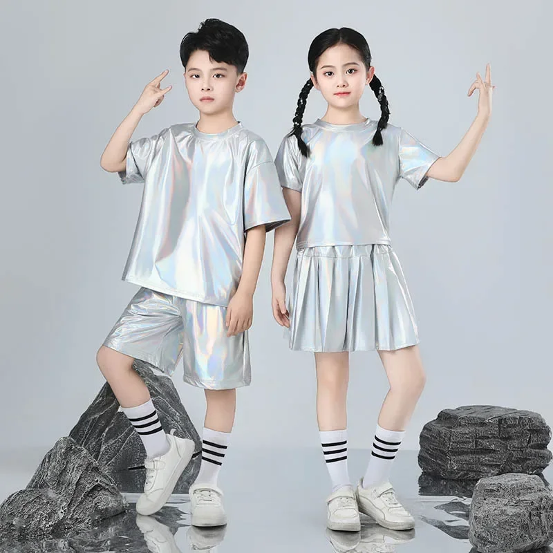 Set hip-hop per ragazzi e ragazze Costume da ballo jazz color argento Abiti da spettacolo per bambini Costume da ballo di strada di moda