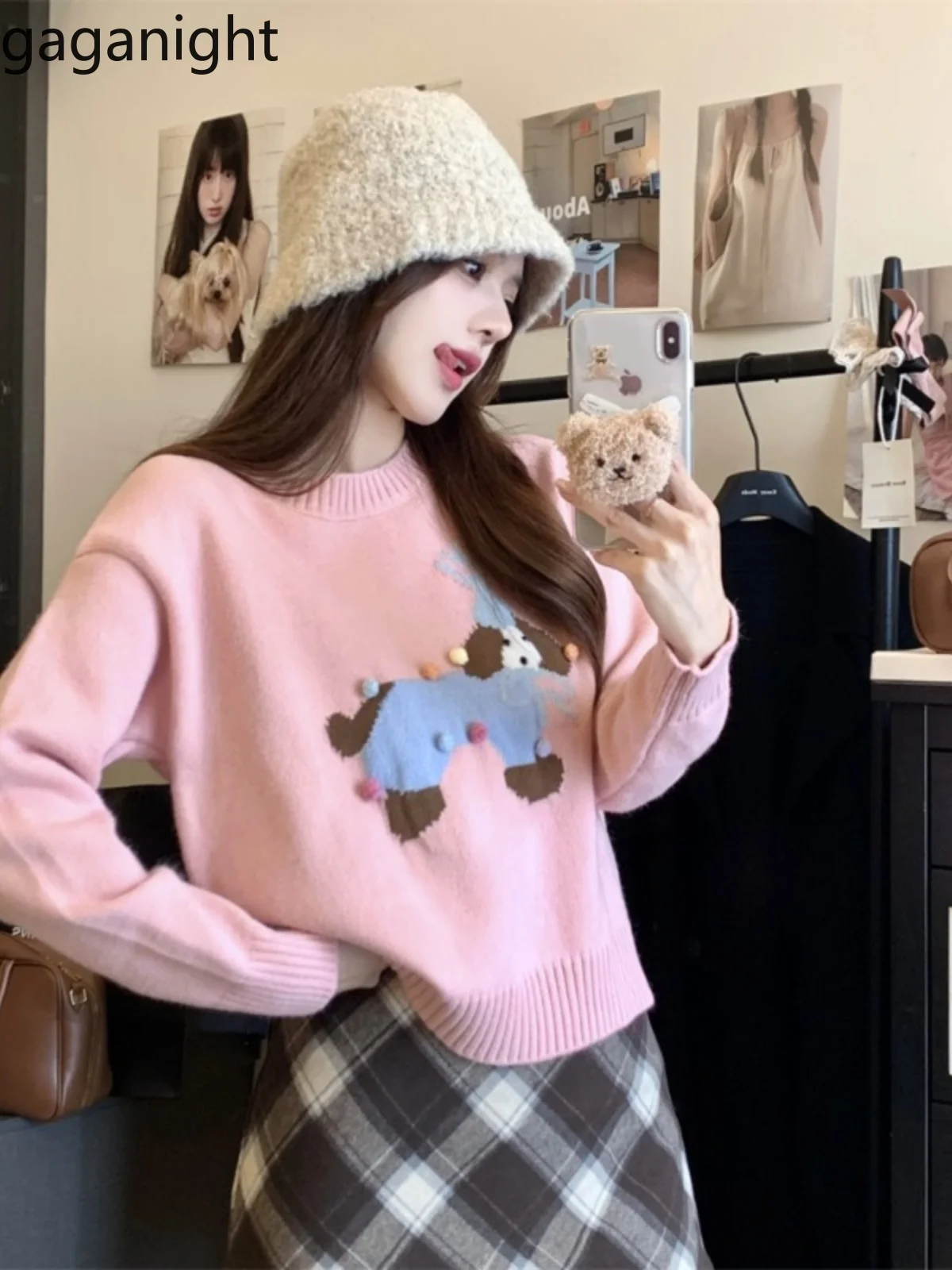 

Gaganight Women Colorful Ball Dog Jacquard Sweater Women's Autumn 2024 New Style Long Sleeve Knitted Sweater Loose O Neck Top