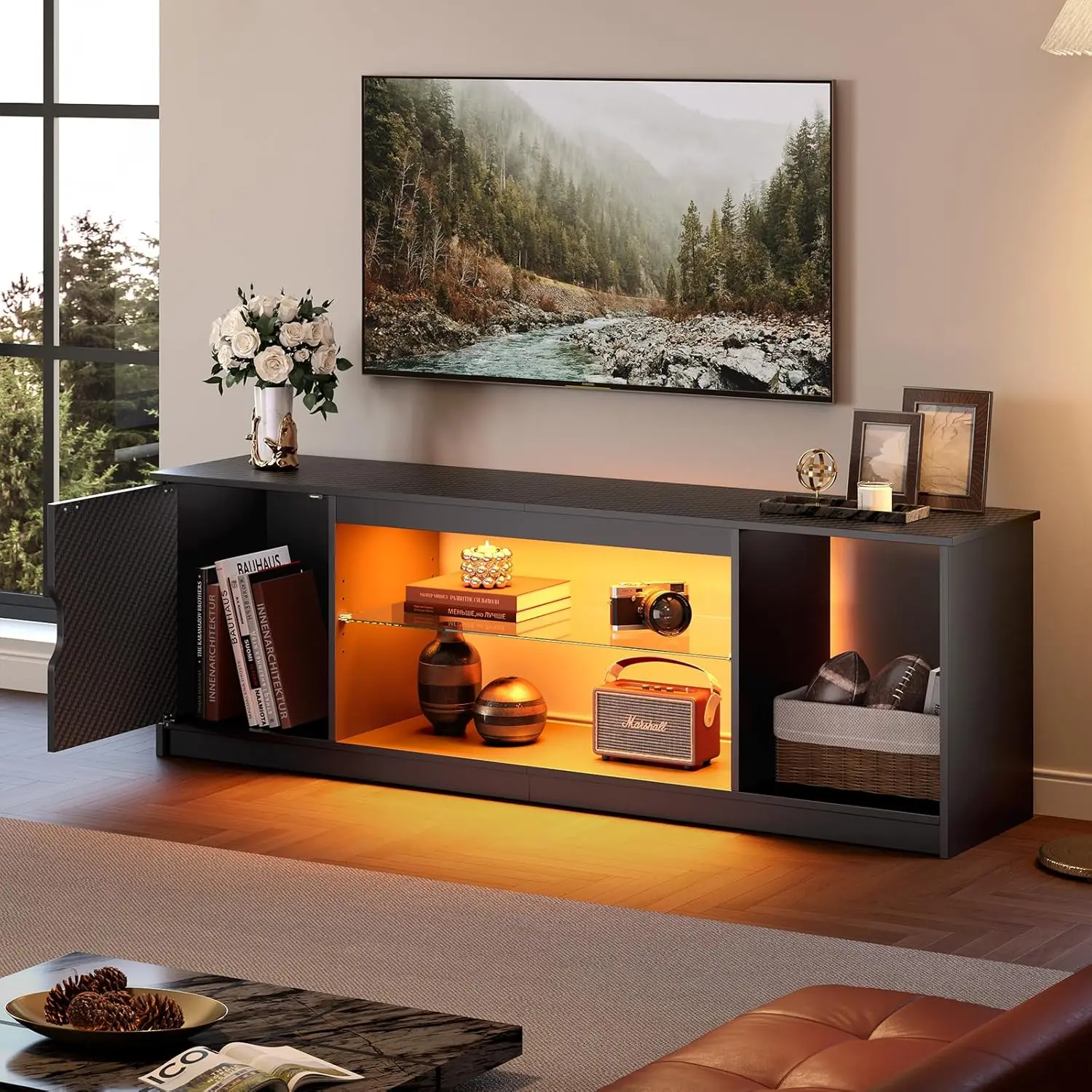 57" LED TV Stand Entertainment Center RGB Lights Adjustable Glass Shelves Cabinet Gaming Living Room Black, Custom