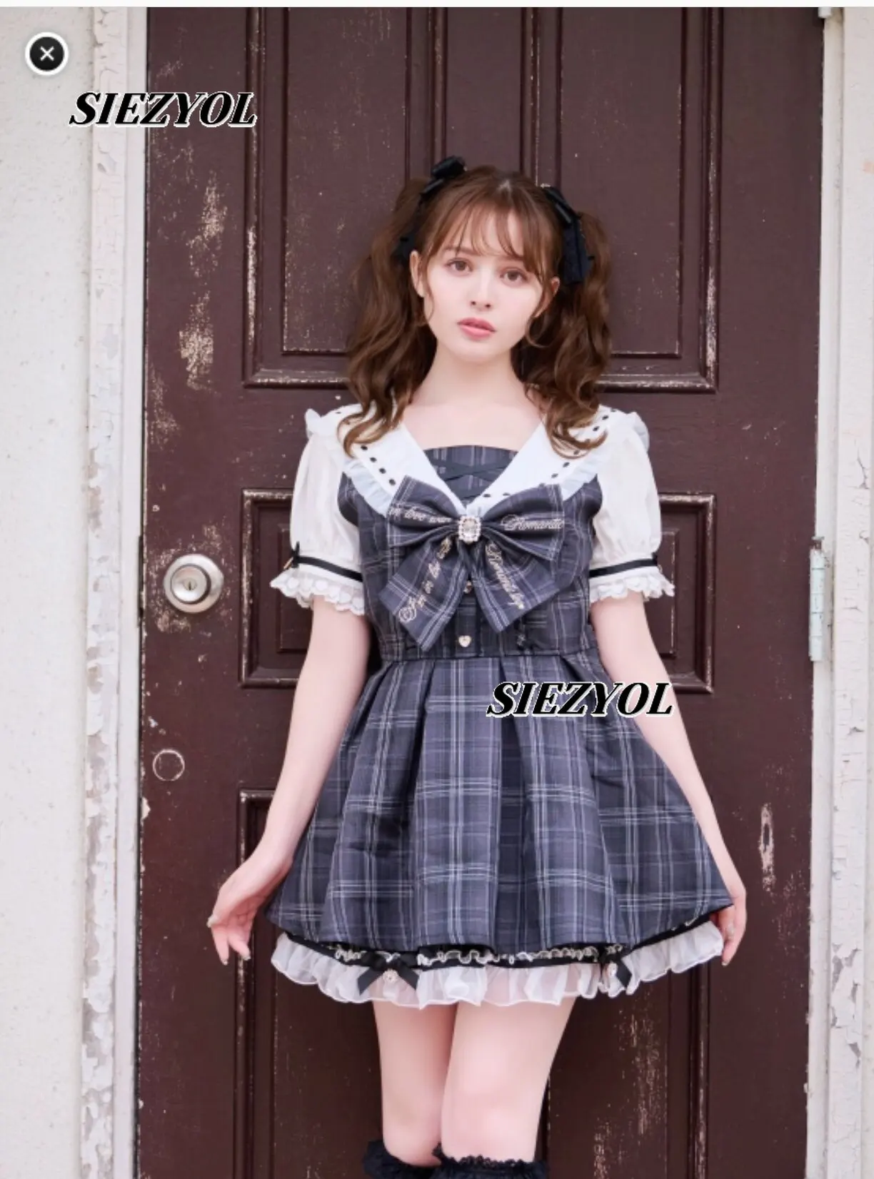 

Bowknot Lace Trim Sweet Girl's Versatile Dress Sailor Collar Plaid High-waisted Short Sleeve Dress and Skirt Two-piece Set