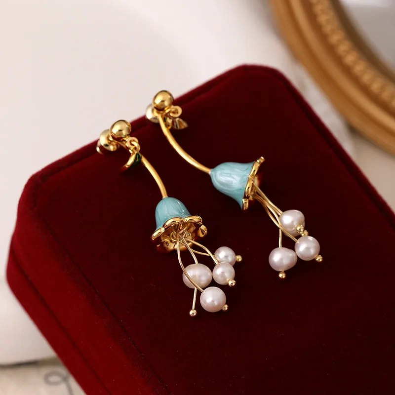 Enamel Trumpet Flower Tassel Stud Earrings Natural Freshwater Pearl Light Luxury Elegant Women Ear Jewelry