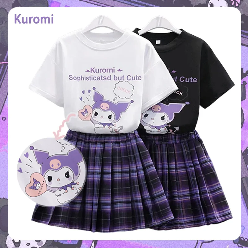 

Детские платья Sanrio Kuromi, комплекты с юбкой, летние футболки с коротким рукавом и мультяшным принтом для девочек-подростков + плиссированная юбка в клетку, костюмы 2Pce