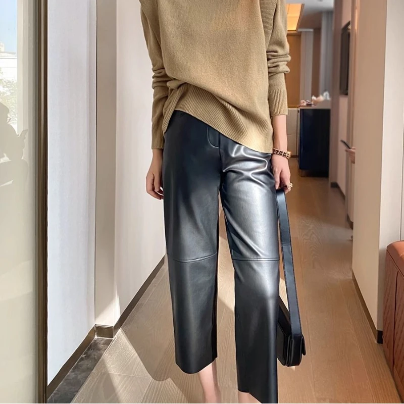 

PU Leather Pants Women Autumn Winter New High-waist Drooping Maillard Nine-point Elastic Casual Straight Wide-leg Pants