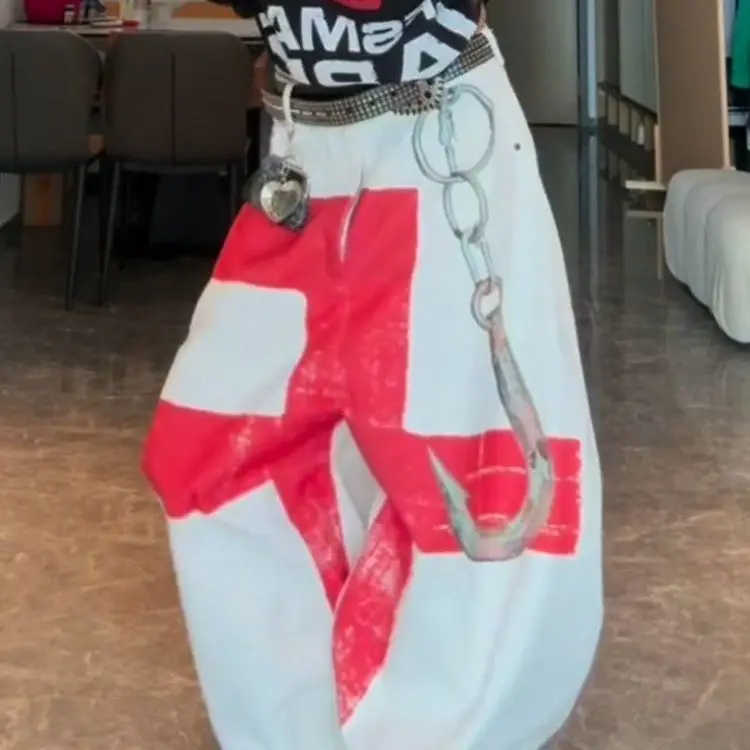 

Мешковатые джинсы с винтажным принтом, женская одежда, уличная мода, джинсы с высокой талией в стиле хип-хоп, женские повседневные широкие брюки в готическом стиле Y2K