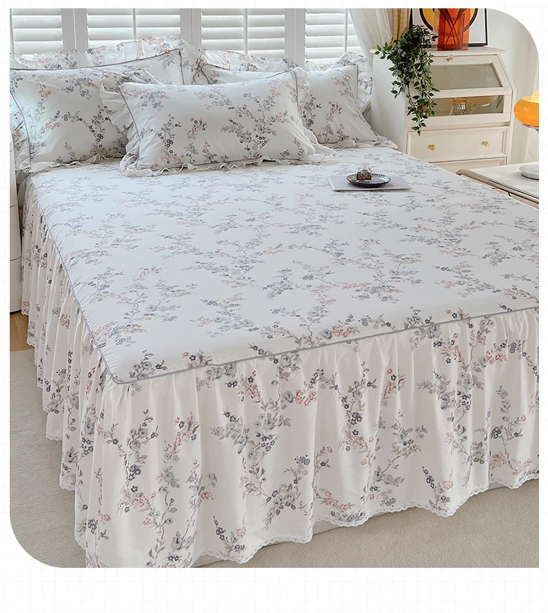 

3 Pieces Per Set Rustic Style Bed Skirt Pure Cotton Cloth Bed Coverlets Floral Printed Bedspread with Pillowcase Hot Sale