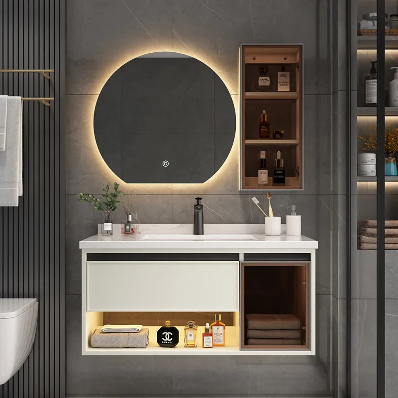 

Тумба для ванной, умывальник из космического алюминия, комбинация зеркального шкафчика и тумбы для ванной