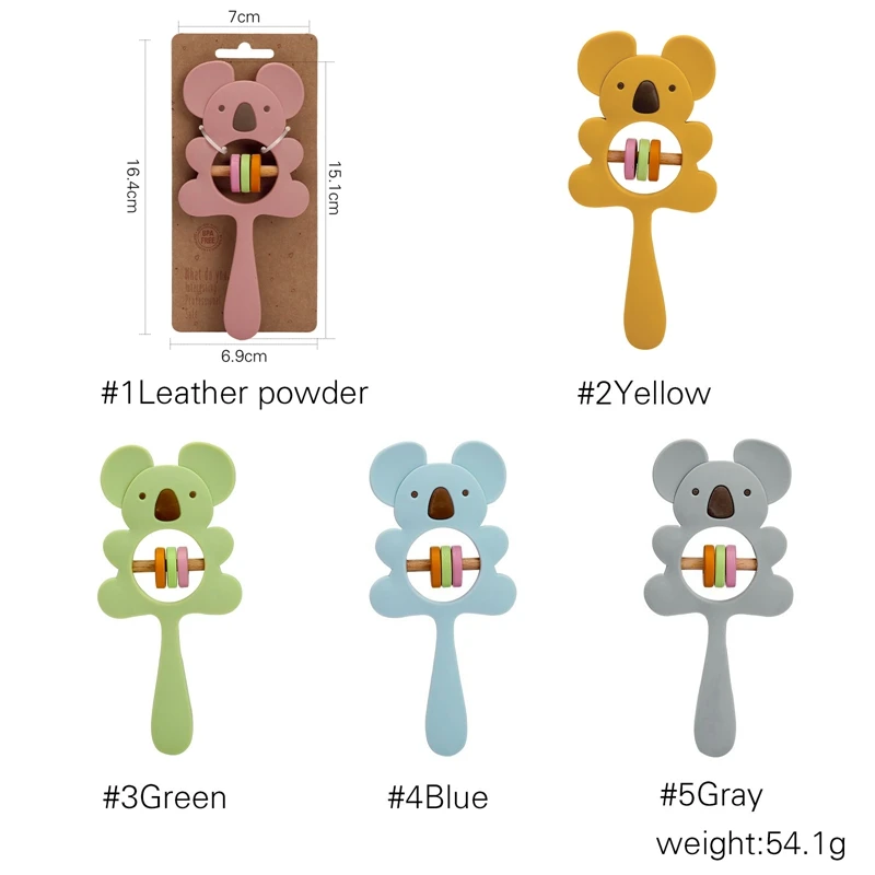 5Pc Siliconen Bijtring Koala Olifant Handbellen Rammelen Bpa Vrije Knaagdieren Tandjes Ketting Food Grade Baby Kauwbaar Babyspeelgoed