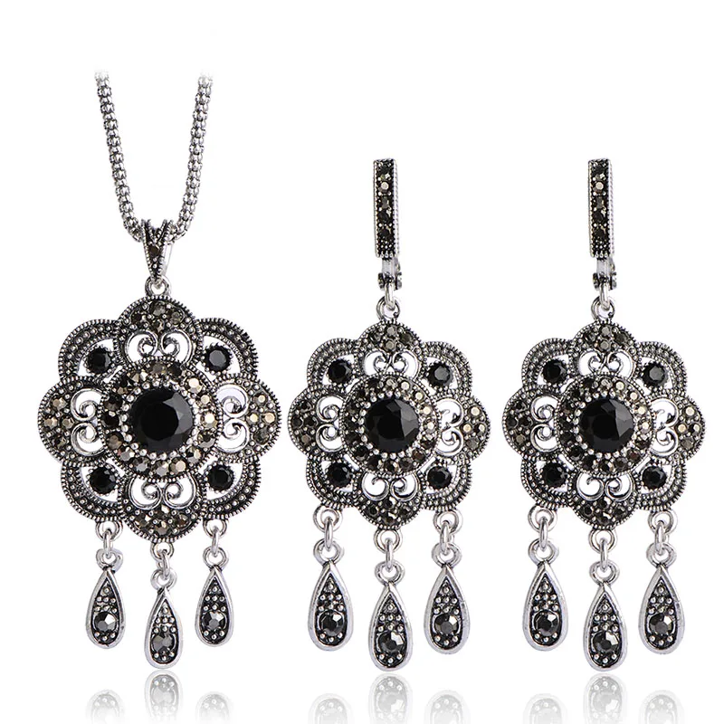 Madrry Alloy Metal Turkish Vintage Jewelry Sets Necklace & Earrings Resin Crystal Sculpture Flowers Antique Silver Color Bijoux