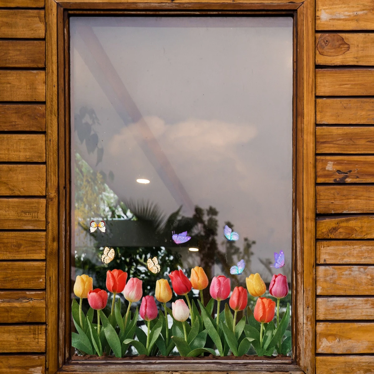 1 Stück Bunter Tulpen-Schmetterling Frühling Sommer Flacher Statischer Fensteraufkleber zur Dekoration und Verschönerung von Glas