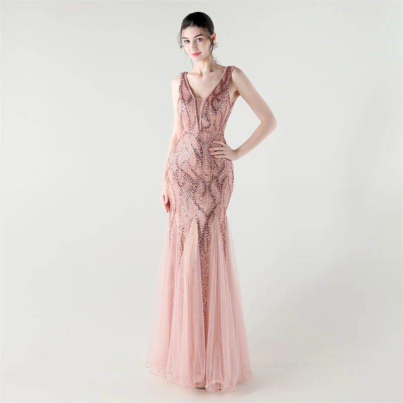 Elegant Sequin Evening Dress for Women V Neck Sleeveless Mermaid Prom Gown Formal Party Wedding Bridesmaid Long Dresses