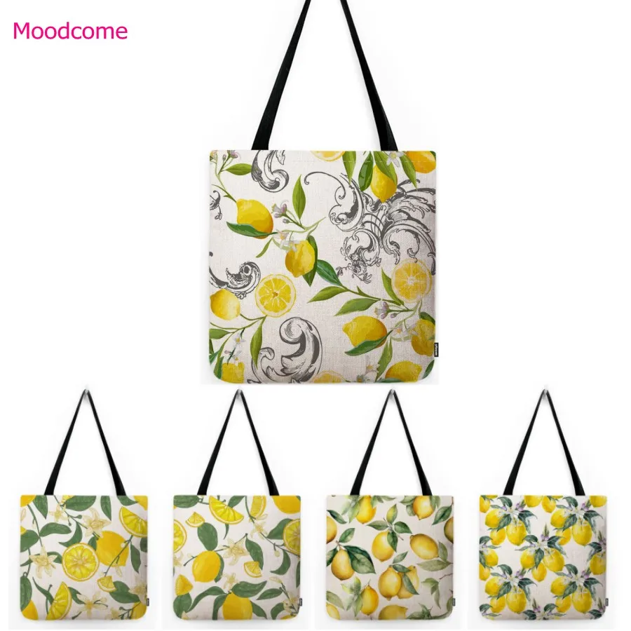 Yellow Lemon Orange Pattern Water Resistant Cotton Linen Shoulder Bag Shopper Grocery Tote Bag