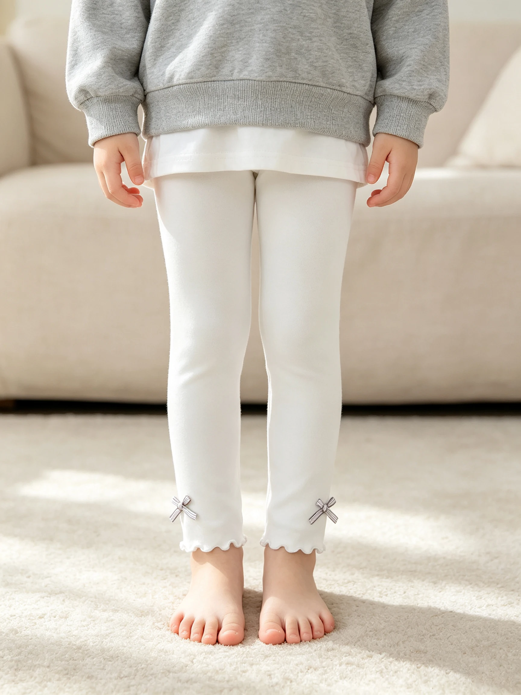 1Pc Girls White Solid Leggings Bow Ruffle Hem Stretch Cotton Pants Kids 2-12Y All Seasons Daily Dress Matching Casual Bottoms