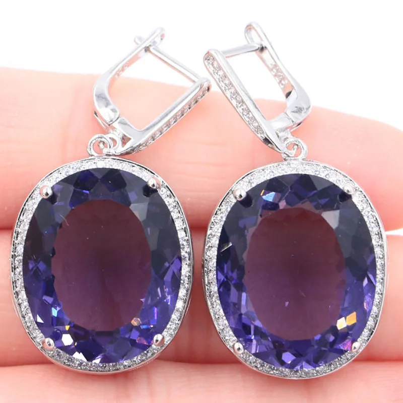 

40x21mm Big Gemstone Golden Citrine Smokey Topaz Green tsavorite garnet Blood Ruby Iolite CZ Women Dating Silver Earrings