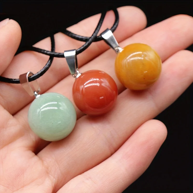 12mm Natural Stone Crystal Ball Pendant Agate Tiger Eye Beads Jewelry DIY Exquisite Men\'s Women\'s Leather Rope Necklace Gift