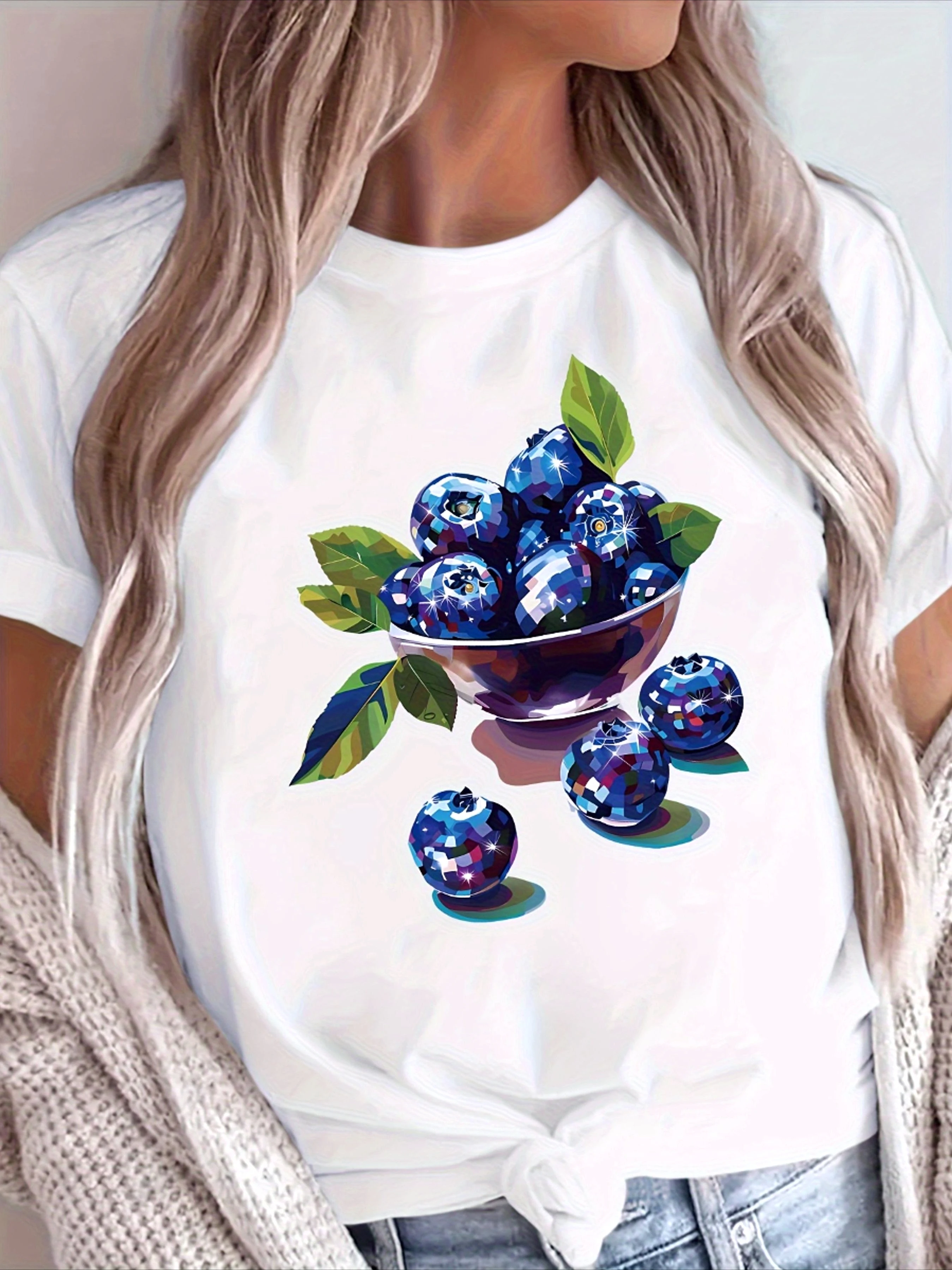 Camiseta con estampado creativo de hoja de arándano para mujer, Top informal de manga corta con cuello redondo, ropa de verano