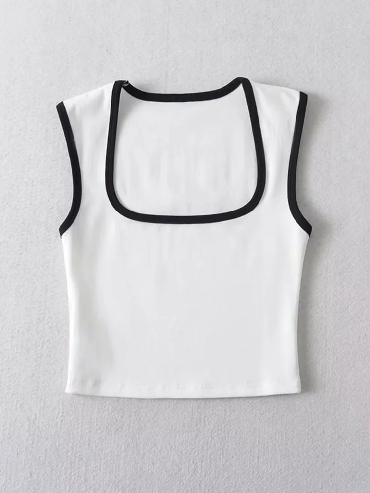 Woman Fashion Slim Solid Contrust Camis Casual Sleeveless Tanks Square Collar Crop Tops Clothing Streetwear Mujer 2024 Y2k image 3