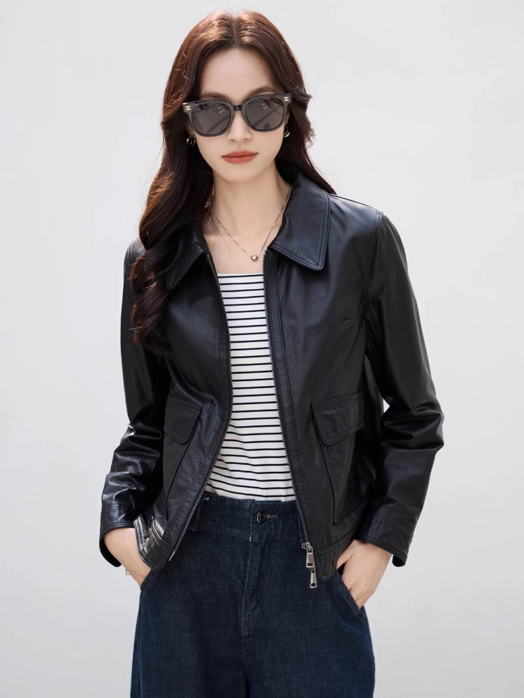 Slim Short Genuine Leather Motorcycle Jackets for Women Spring Autumn 2025 New High-end Simple Black Real Cow Leather Coat