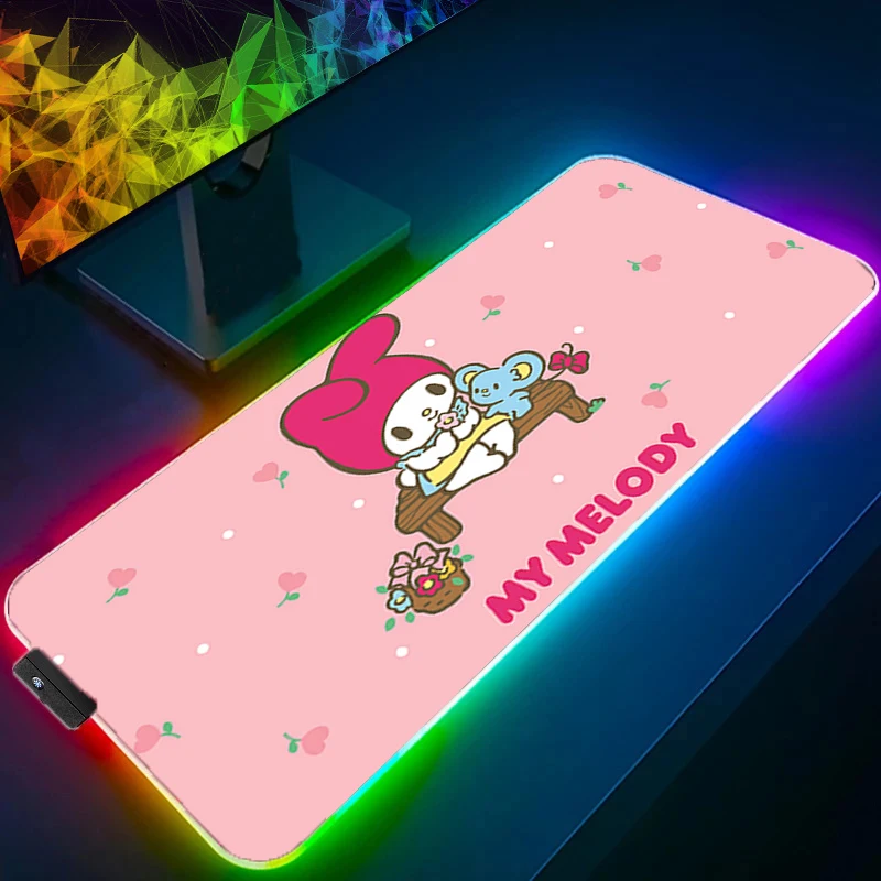 Cute Mouse Pad M-my Melody RGB Mouse Pad Game Rubber Backlight Pc Keyboard Laptop Computer Speed LED Desk Mat Gaming Mousepads