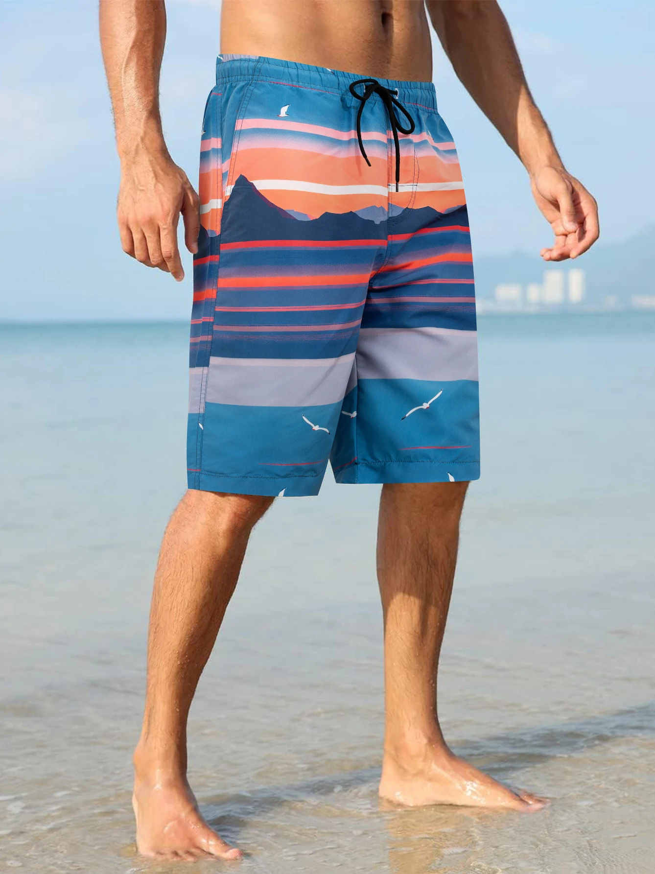 Men\'s Sundown Stripe Digital printing Board Shorts with Pockets for Beach or Pool Mens Swim Shorts With Two-piece Liner