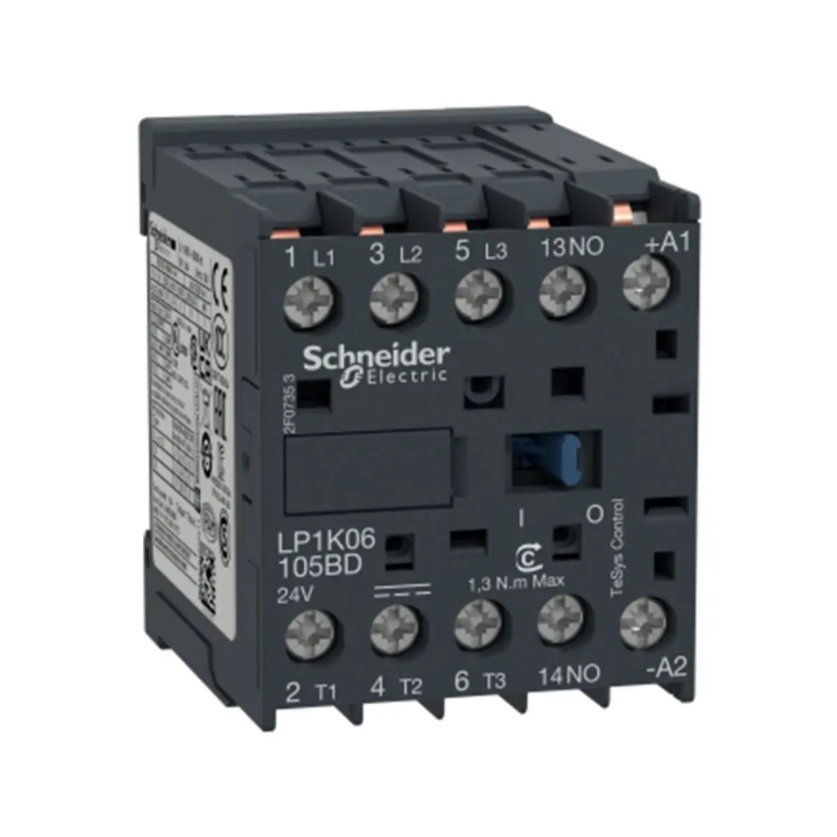 

LP1K06105BD Contactor 3P, AC-3, lt or eq to 440V, 6A, 1 NO aux, 24VDC coil