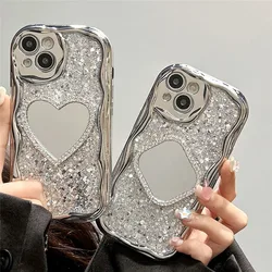 Lovebay Glitter 3D Love Heart Mirror Cream Grain Edge Phone Case For iPhone 15 14 13 12 11 Pro Max XS XR Electroplate Soft Cover