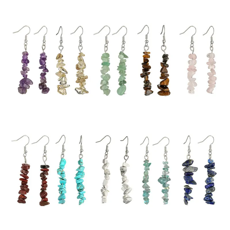 Natural Tumbled Stone Dangle Earrings for Women Colorful Crystal Drop Hook Earring Chakra Healing Gemstone Chip Ear Jewelry