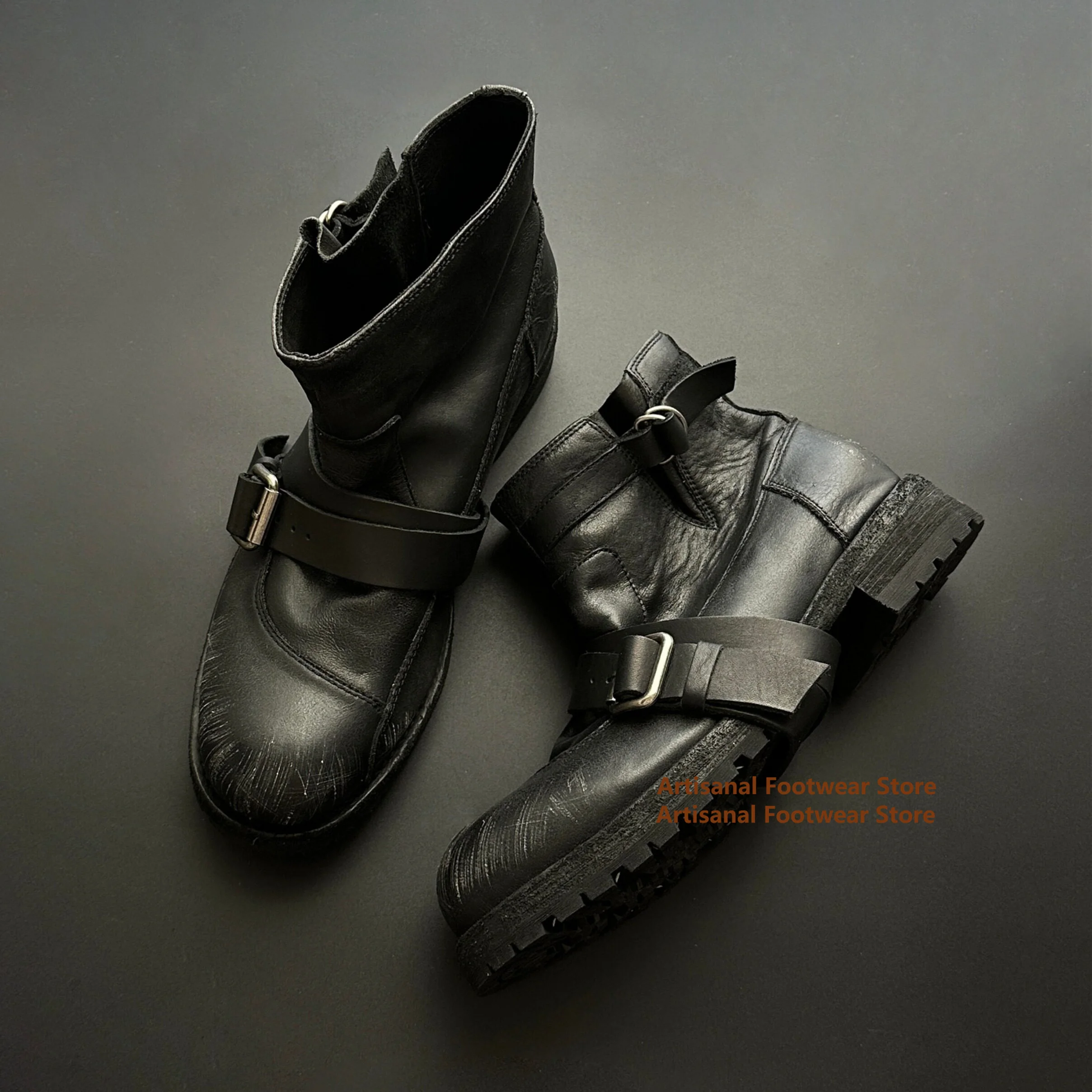

Buckle Strap Thick-Soled Men's Boots Black Leather High Top Motorcycle Boots Brand Designer Trendy Handmade New In Men's Boots