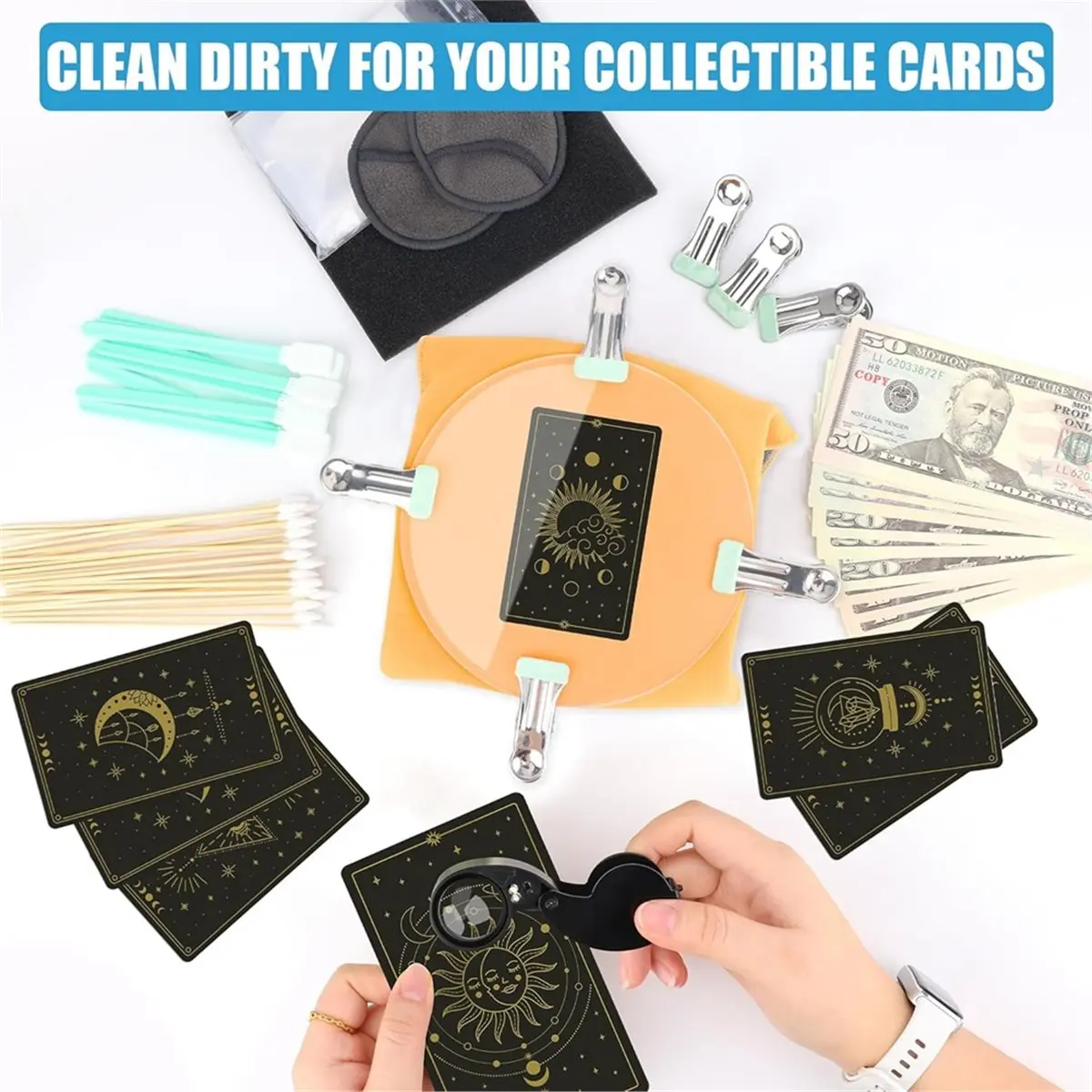Card Cleaning Kit for Sports Trading Card Grading Kit 6 Inches Clear Acrylic Rounds Plastic Clamps Shammy Towel