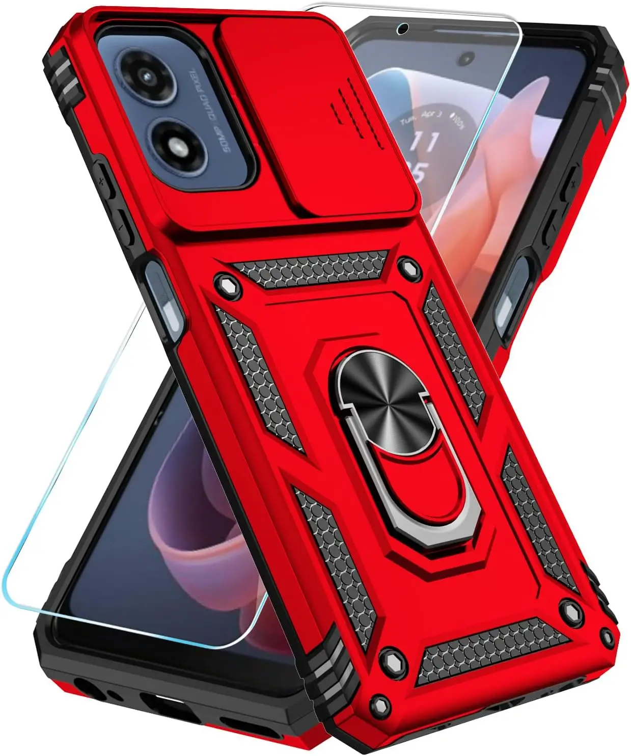 

Military-Grade Phone Case with HD Screen Protector, Slide Camera Cover & Kickstand for Moto G Play 2024 (Red)