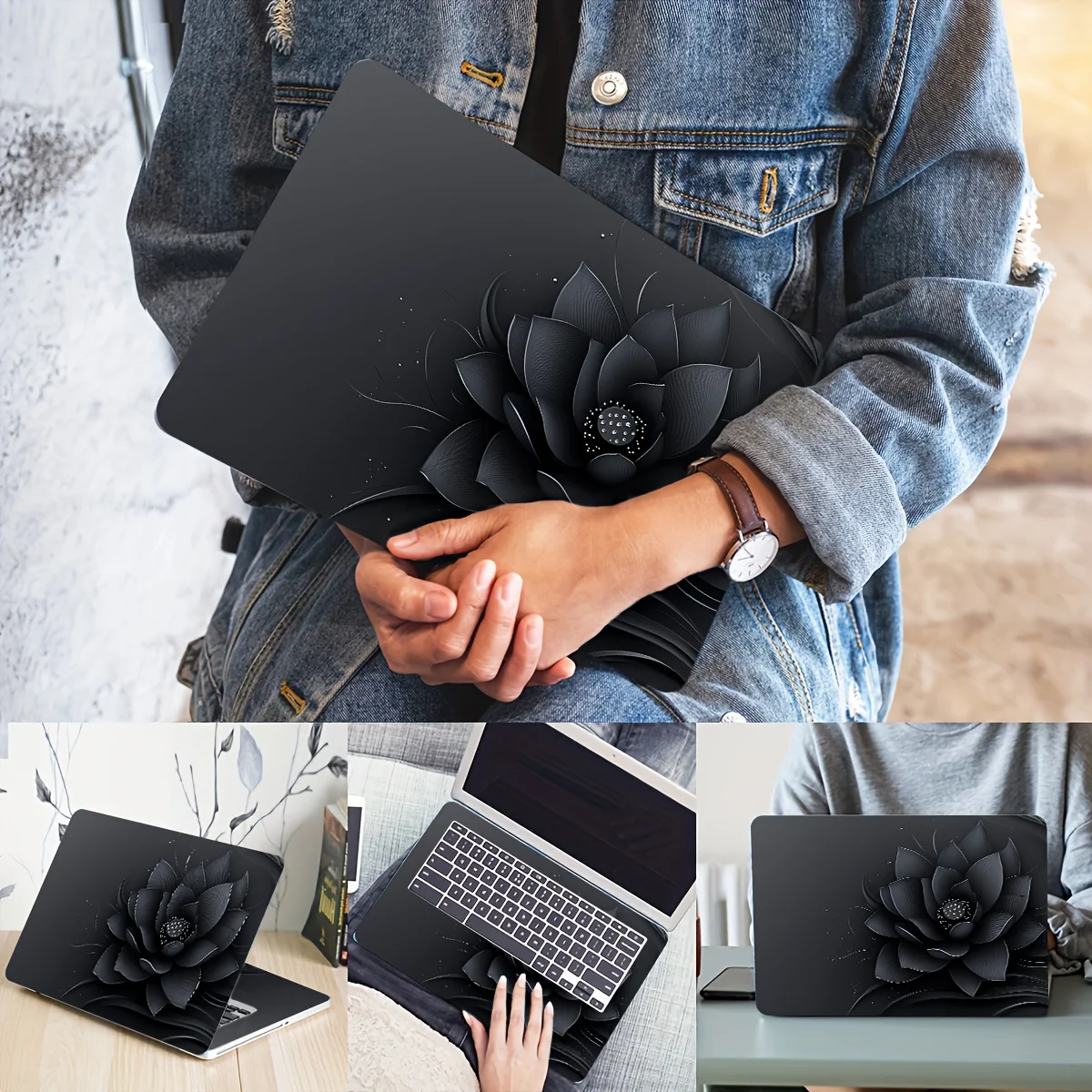 

Чехол для ноутбука из 2 частей с черной наклейкой в виде лотоса, устойчивый к царапинам, художественный чехол для самостоятельного оформления для ноутбуков HP, Dell, Samsung, Apple, Asus - простое самостоятельное оформление