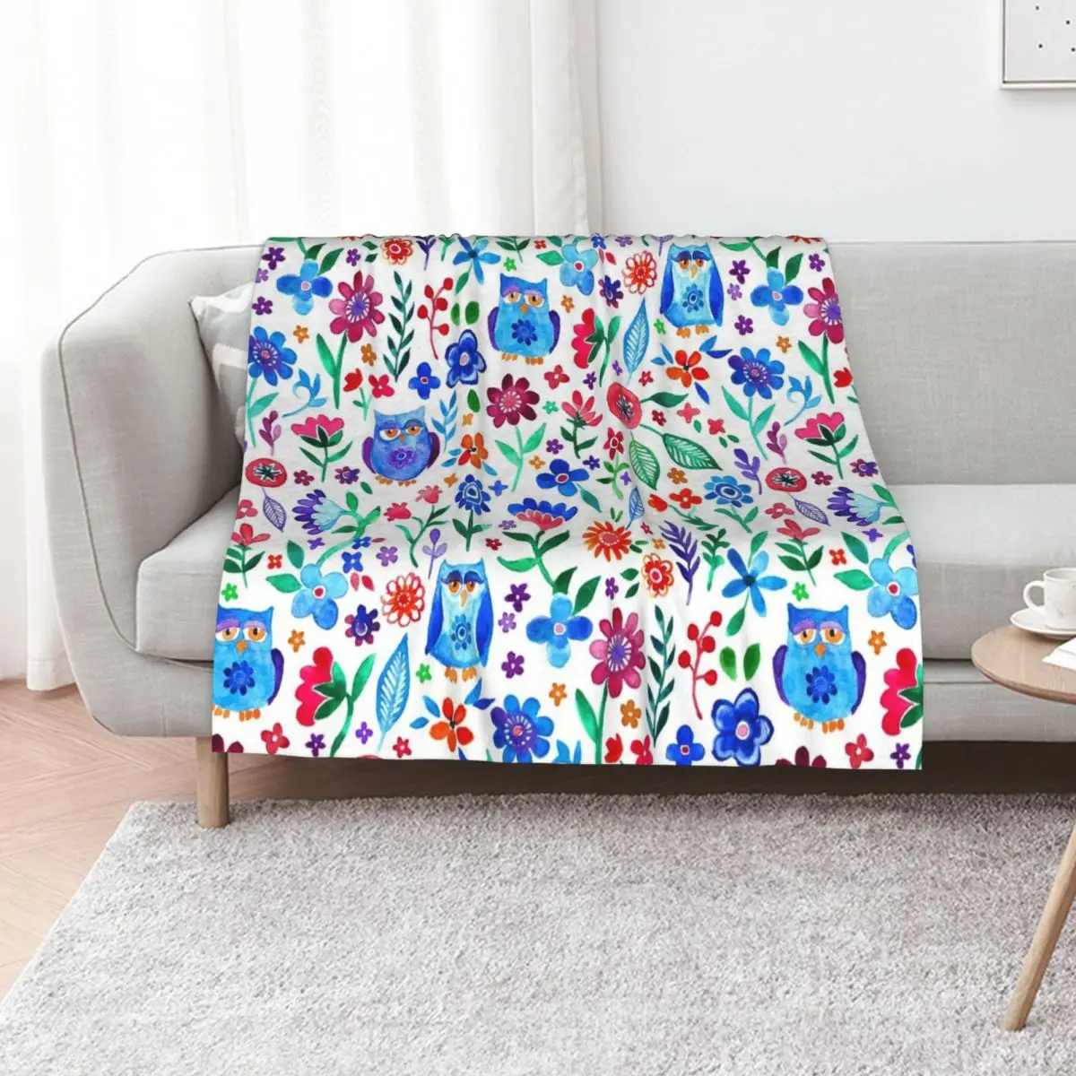 

Little Owls and Flowers on White Throw Blanket Decoratives Soft Plaid Giant Sofa Luxury Thicken Blankets