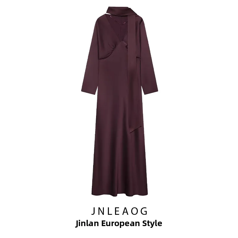 Ele Silk Satin Feel Schal Dr Design Herbst New Sle Damen Faion Pure Color Straight Tube Long Sve Slim Fit Casual