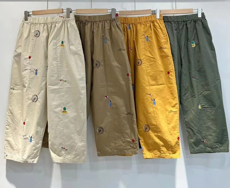 純粋な綿刺繍弾性ウエストストレートレッグカジュアルパンツ快適なルーズフィット 7 分の 1 夏新到着
