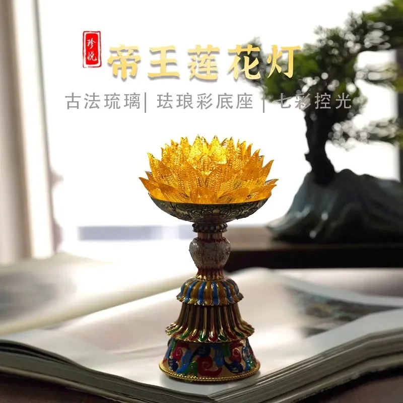 Colorful Enamel Lotus Lamp LED Night Light Glazed Buddha Statue Home Decor Ornament Religious Gift for Meditation Room