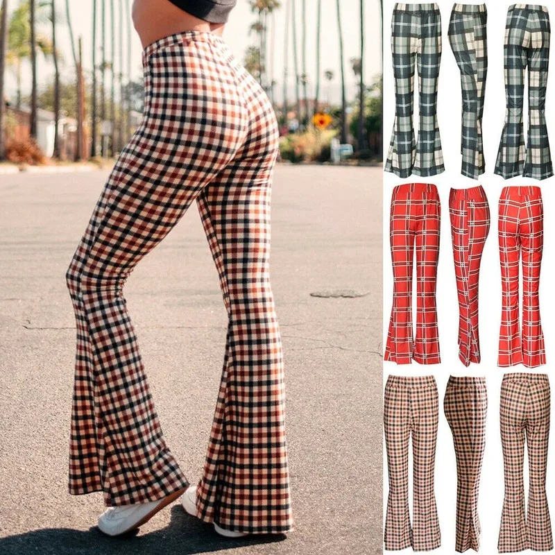 

Fashion Women's Ladies Retro Plaid Print Slim-fit Micro-flare Trousers Fashion Casual High-waist Slim-fit Pants 2023 New Autumn