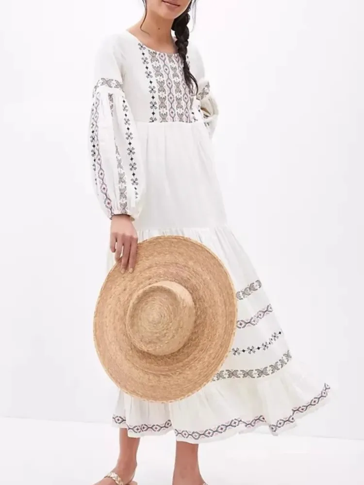 

2024 праздничное богемное белое платье с вышивкой, весенне-летнее платье с круглым вырезом и длинными рукавами, повседневное пляжное платье трапециевидной формы