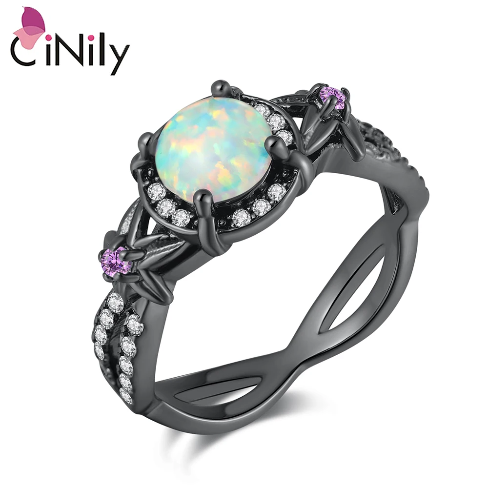 CiNily Exquisite White Fire Opal Rings CZ Black Gold filling Simple Fashion Jewelry for Women Men Wedding Engagement Size 6-9