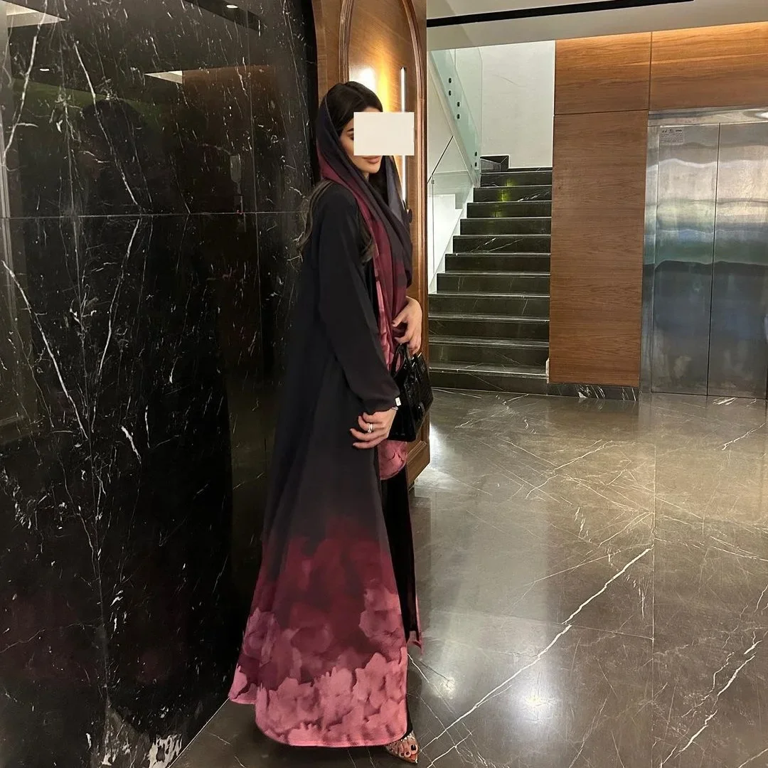 Chiffon aberto abaya e hijab cachecol conjunto roupas islâmicas impresso abayas para mulheres muçulmanas dubai turquia quimono kaftan femme musulman