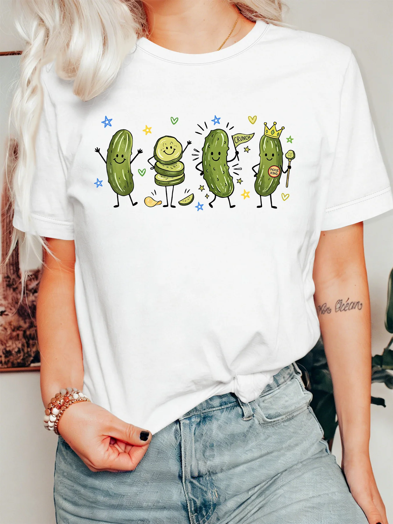 Women Crew Neck Tee Cute Pickle Character Graphic Print Short Sleeve Loose Ladies Summer Soft Cotton Plus Size Casual Street Top