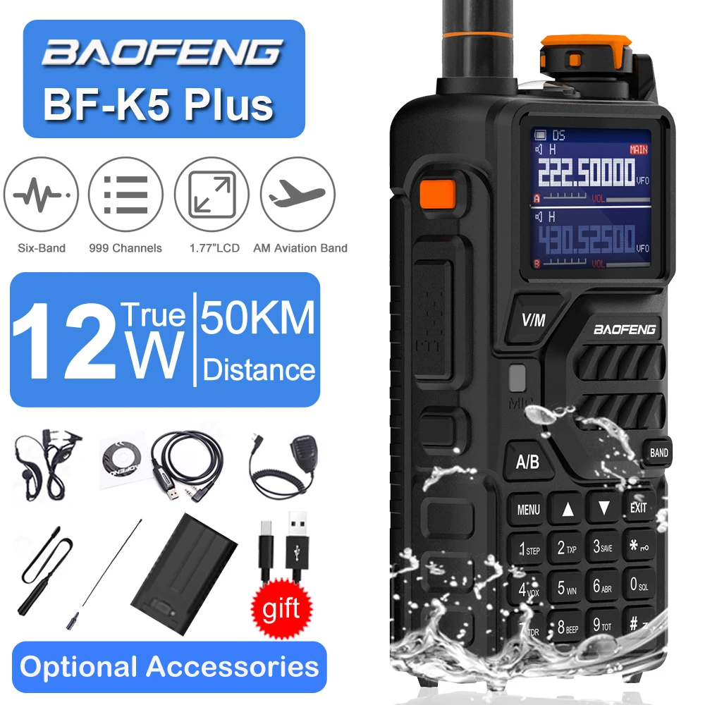 

Рация Baofeng UV-K5 Plus 2026 года, 12 Вт, высокая мощность, AM/FM, двухдиапазонная, с ЖК-дисплеем, 999 каналов, копирование частот, NOAA, шумоподавление